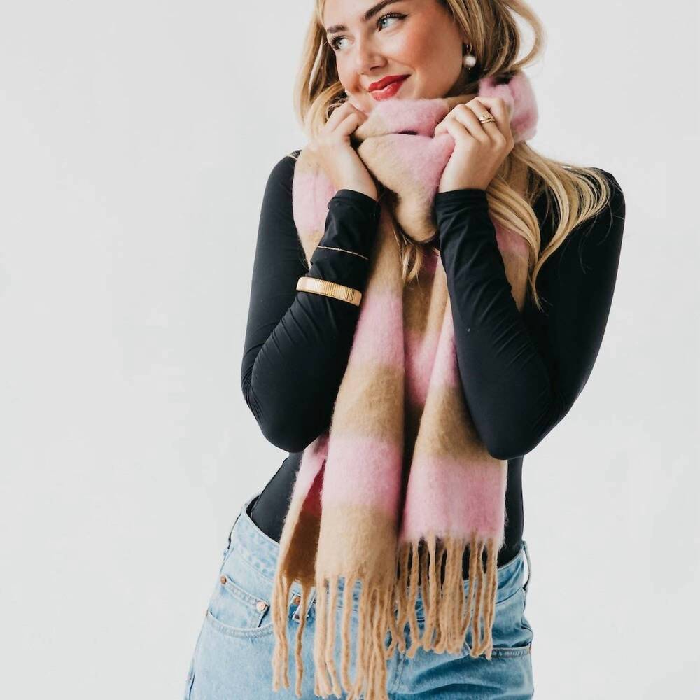 NEW PRETTY SIMPLE stevie striped tassel scarf in tan/pink - Picture 3 of 3